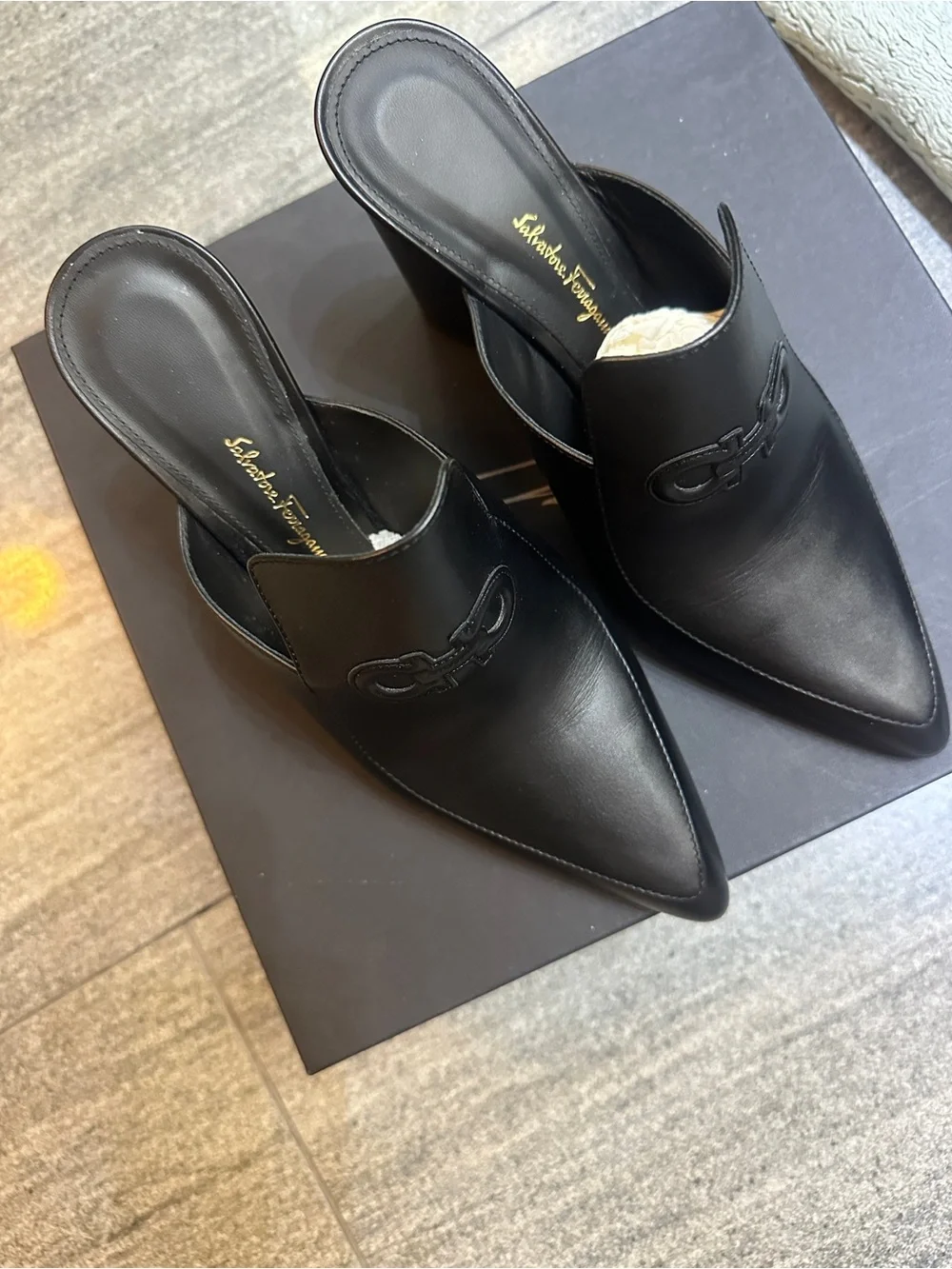Salvatore Ferragamo Black Leather Pointed Mule Slides with Embroidered Logo
